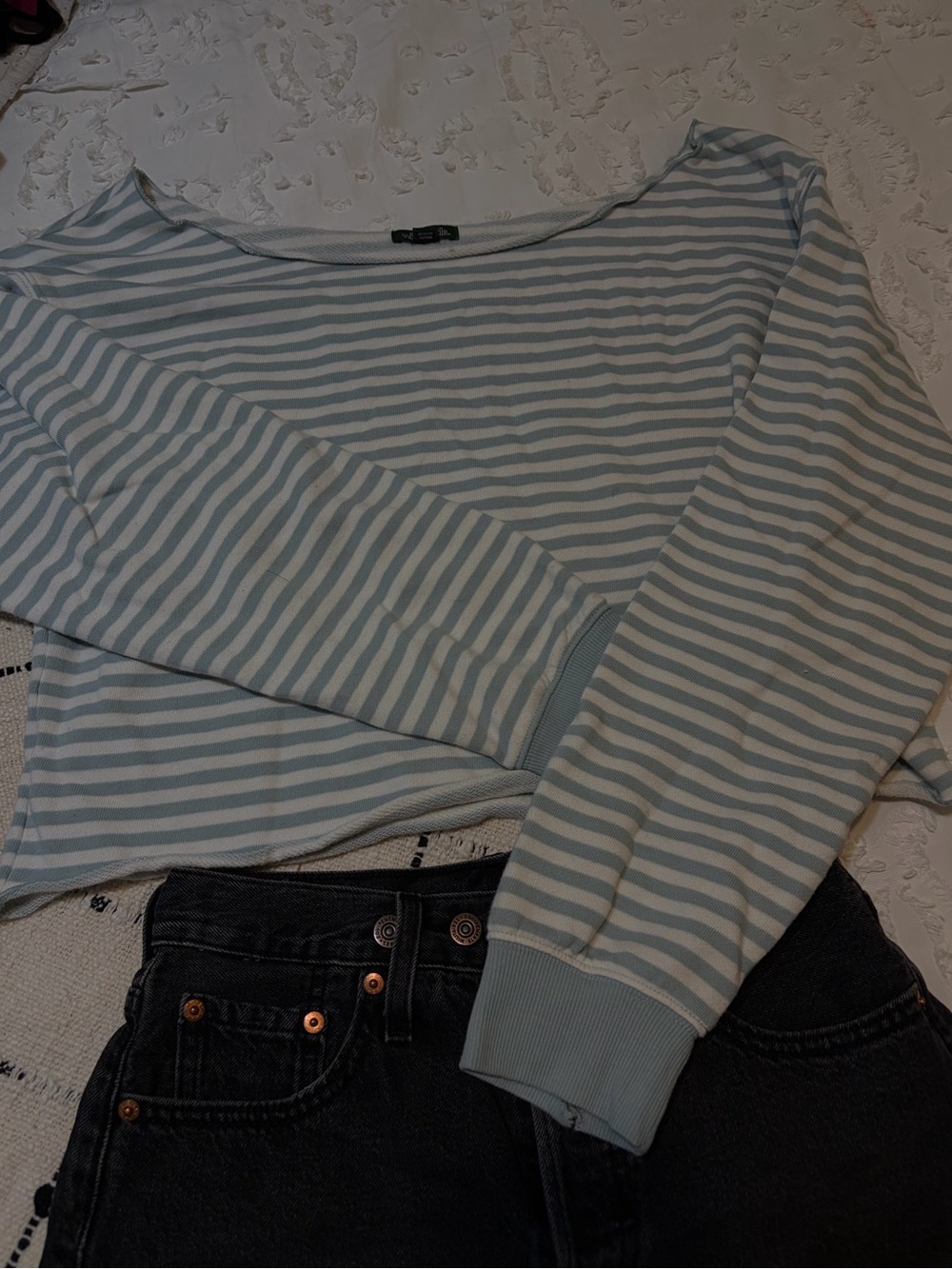 Light Blue and White Stripped Off the Shoulder Crew